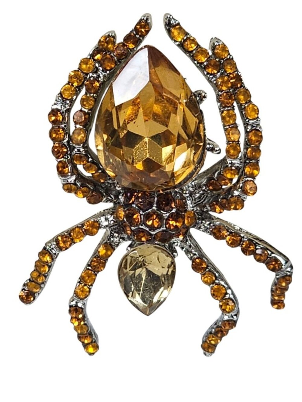 Vintage Rinestone Spider Amber Color 2In Long Metal Brooch Pin Spooky Halloween